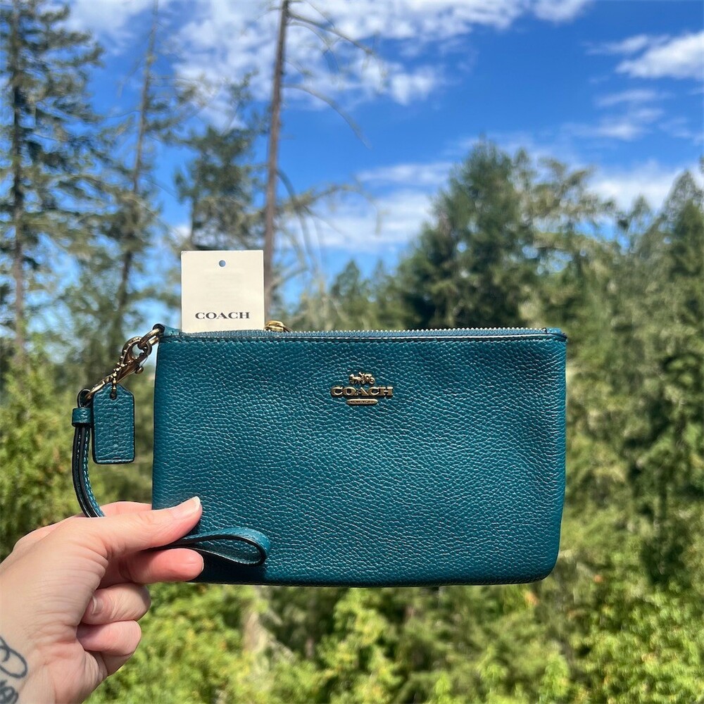 COACH Small Pebble Leather Wristlet Wallet Deep Turquoise Brass Hardware NWT